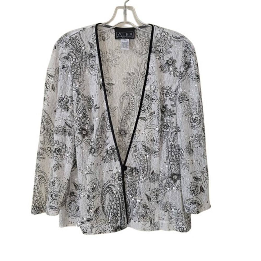 Alex Evenings Womens XL Paisley Lace Sequin Evening Jacket Black White Formal